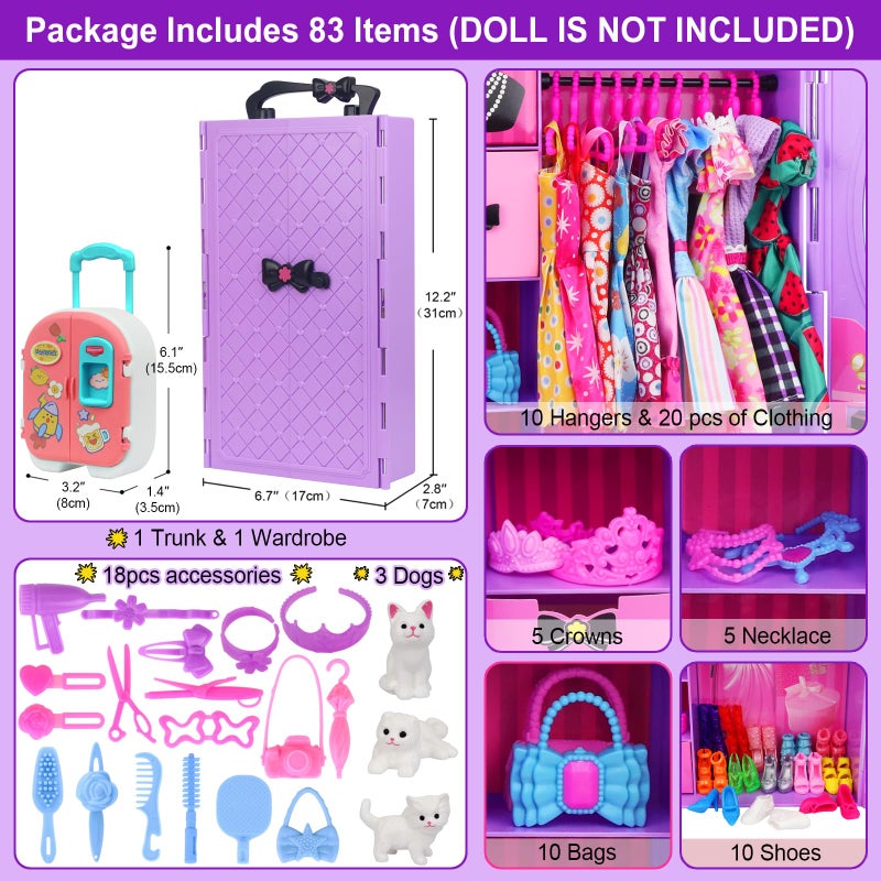 K. T. Fancy K.T. Fancy 83 Pcs Dolls & Accessories with Doll Closet Wardrobe for 11.5 Inch Doll Dress Up Set Including Wardrobe Shoes Wallet Dress Hangers Brush Necklace Pet and Other Accessories (No Doll) - Image 2